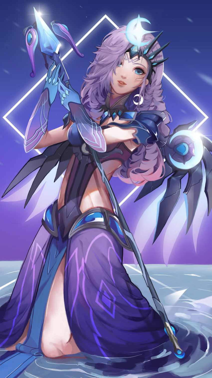 1girl absurdres alternate_costume angel angel_wings atlantic_mercy crescent crescent_hair_ornament crown earrings gloves hair_ornament hango highres holding holding_staff jewelry lips looking_at_viewer mechanical_wings mercy_(overwatch) overwatch purple_hair shoulder_armor spread_wings staff wings