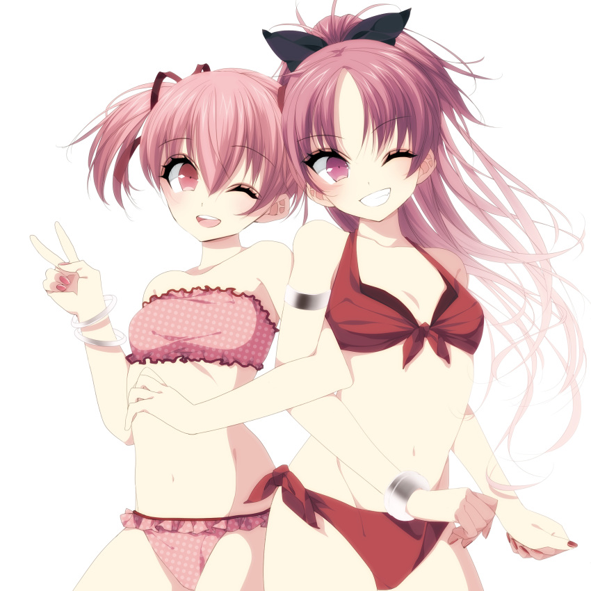 absurdres breasts highres kaname_madoka long_hair mahou_shoujo_madoka_magica misteor sakura_kyouko simple_background small_breasts smile standing strapless strapless_bikini swimsuit twintails v very_long_hair white_background