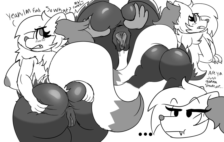 ... 2019 angry annoyed anthro anus ass_spread big_butt blush braianna_(darkwolf) braixen breasts butt butt_grab canid canine darkwolfhybrid dialogue digital_media_(artwork) disembodied_hand english_text fangs female hand_on_butt hi_res looking_back mammal monochrome nintendo nipples overweight pok&eacute;mon pok&eacute;mon_(species) pussy pussy_juice raised_tail side_boob text unamused video_games