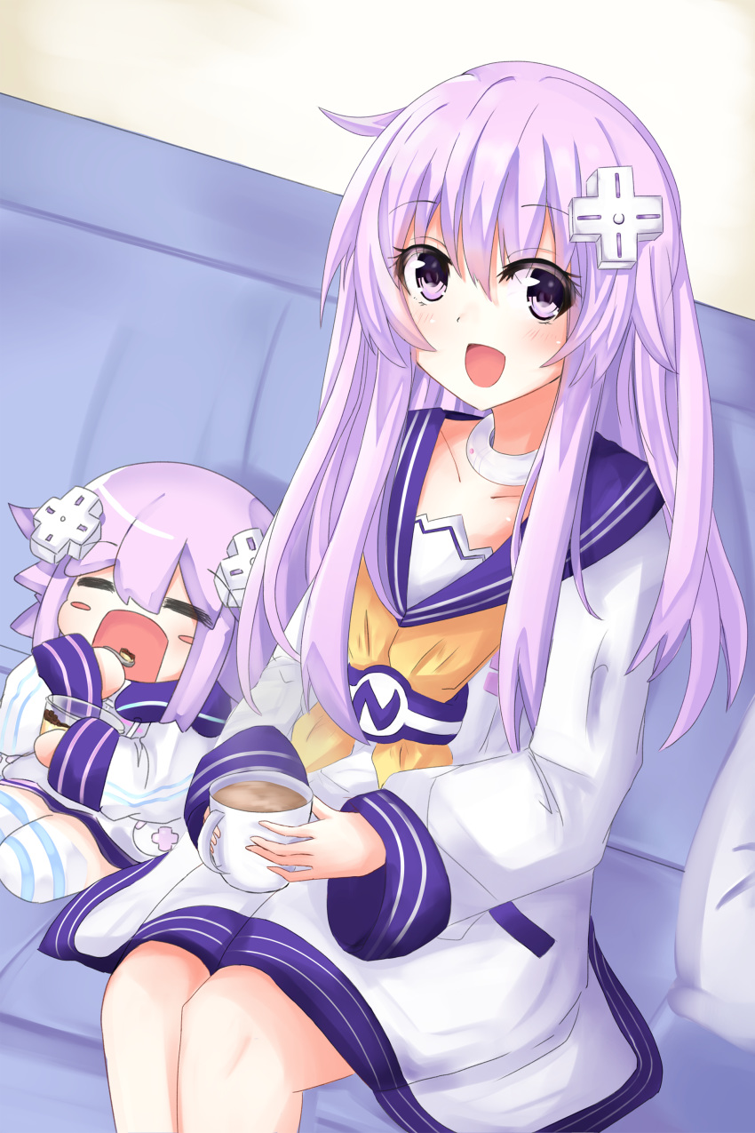 1girl absurdres bimmy chibi coffee coffee_mug cup d-pad d-pad_hair_ornament dress eating eyebrows_visible_through_hair food hair_between_eyes hair_ornament highres long_hair looking_at_viewer mug nepgear neptune_(neptune_series) neptune_(series) open_mouth pudding purple_eyes purple_hair sailor_dress smile solo stuffed_animal stuffed_toy