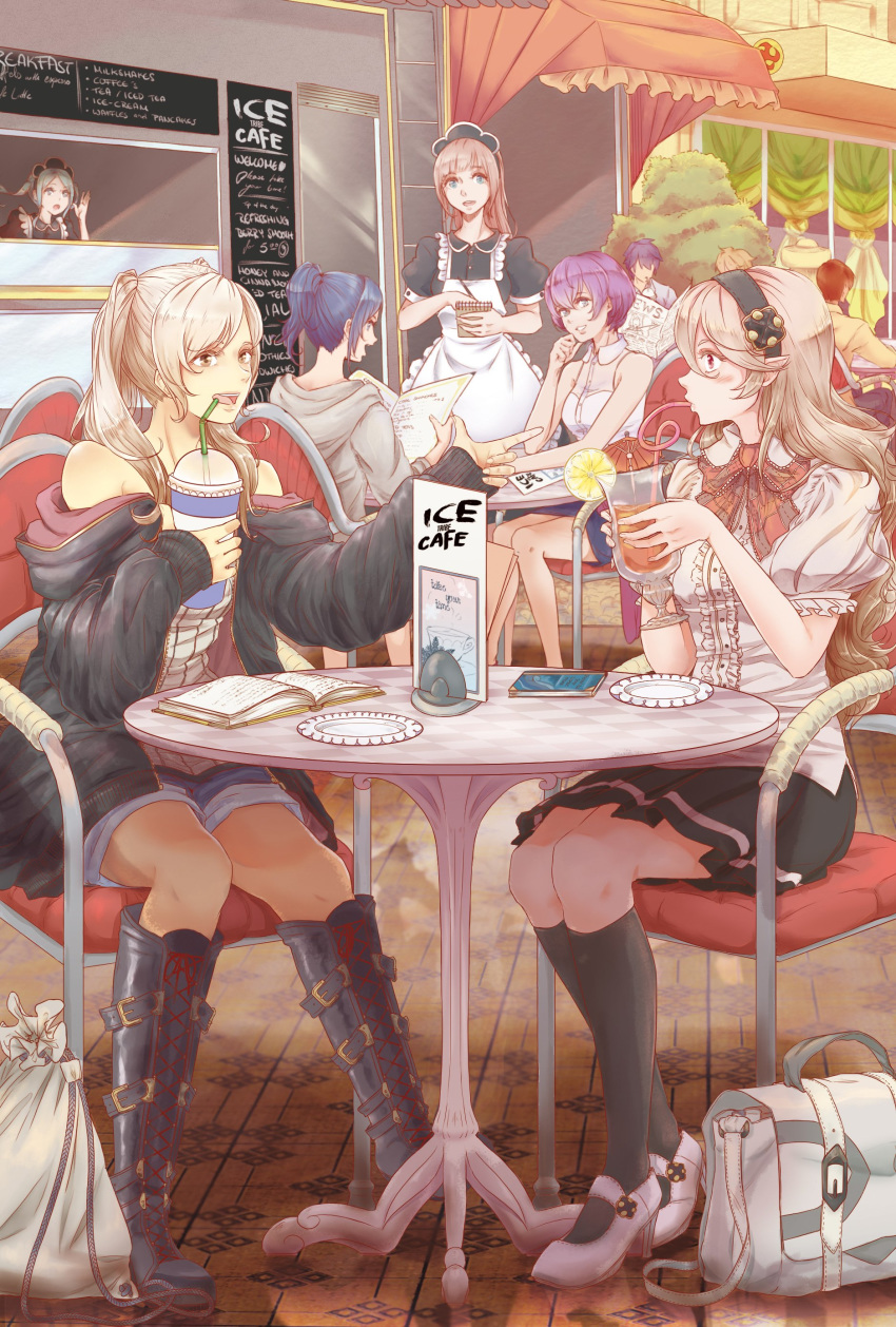 6+girls absurdres alternate_universe apron black_legwear boots cafe casual chair cross-laced_footwear drink drinking_straw felicia_(fire_emblem_if) female_my_unit_(fire_emblem:_kakusei) female_my_unit_(fire_emblem_if) fire_emblem fire_emblem:_kakusei fire_emblem:_shin_monshou_no_nazo fire_emblem_if flora_(fire_emblem_if) hairband high_heels highres hood hoodie katarina_(fire_emblem) knee_boots kneehighs lithety long_hair maid_apron maid_headdress menu menu_board multiple_girls my_unit_(fire_emblem:_kakusei) my_unit_(fire_emblem:_shin_monshou_no_nazo) my_unit_(fire_emblem_if) newspaper off_shoulder plate pointy_ears puffy_short_sleeves puffy_sleeves purple_hair short_shorts short_sleeves shorts silver_hair sitting skirt table twintails