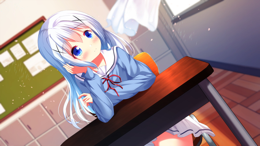 1girl arm_support bangs blue_shirt blurry blurry_background blush chair chinomaron closed_mouth commentary_request curtains day depth_of_field desk eyebrows_visible_through_hair gochuumon_wa_usagi_desu_ka? hair_between_eyes hair_ornament hand_up head_tilt highres indoors kafuu_chino long_sleeves looking_away looking_to_the_side neck_ribbon on_chair pleated_skirt red_ribbon ribbon sailor_collar school_chair school_desk school_uniform serafuku shirt sitting skirt sleeves_past_wrists smile solo sunlight white_sailor_collar white_skirt window x_hair_ornament