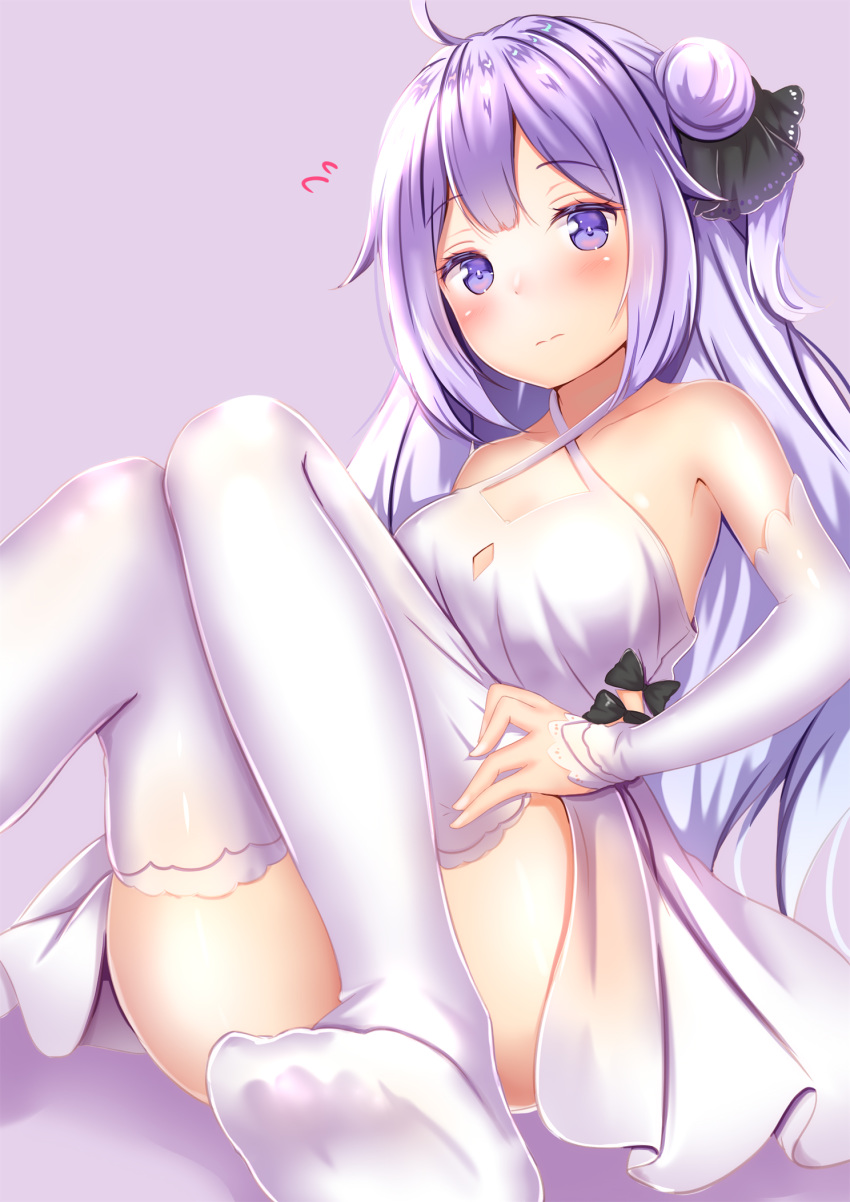 1girl ahoge armpits ass azur_lane bare_shoulders blush breasts closed_mouth collarbone convenient_leg criss-cross_halter detached_sleeves dress feet hair_bun halterneck highres knees_together_feet_apart knees_up long_hair looking_at_viewer medium_breasts no_shoes one_side_up purple_background purple_eyes purple_hair simple_background sitting solo thighhighs unicorn_(azur_lane) white_dress white_legwear yuano