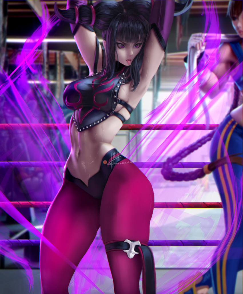 2girls absurdres armpits arms_up aura black_hair black_shorts boxing_ring chinese_clothes chun-li commentary detached_sleeves dudou english_commentary eyelashes han_juri highres hlulani lips multiple_girls navel no_bra nose pantyhose patreon_logo pink_legwear purple_eyes short_shorts shorts sidelocks signature skindentation slender_waist solo_focus street_fighter street_fighter_iv_(series) sweat taut_clothes thick_thighs thigh_strap thighs toned tongue tongue_out twintails updo watermark web_address