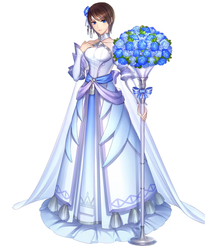 1girl artist_request bangs bare_shoulders blue_eyes breasts brown_hair dress feather_trim fire_emblem fire_emblem:_souen_no_kiseki fire_emblem_heroes flower full_body hair_ornament highres holding medium_breasts official_art shiny shiny_hair short_hair solo tanith transparent_background wedding_dress white_dress