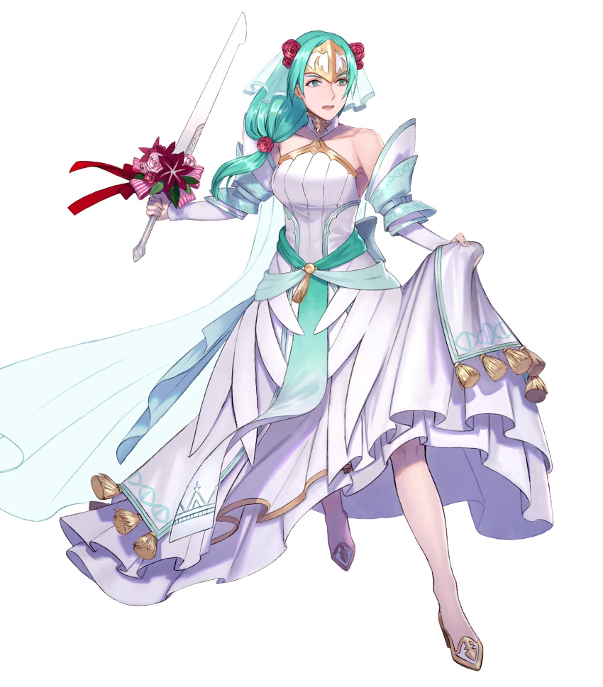 1girl aqua_eyes aqua_hair bare_shoulders dress feather_trim fire_emblem fire_emblem:_souen_no_kiseki fire_emblem_heroes flower full_body hair_ornament headpiece highres holding holding_sword holding_weapon long_hair official_art pikomaro sigrun solo strapless strapless_dress sword weapon wedding_dress white_dress