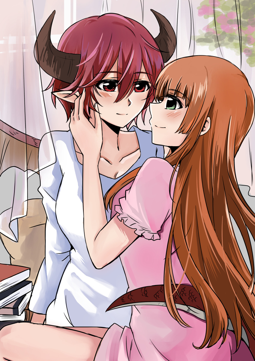 2girls absurdres anne_(shingeki_no_bahamut) blush book breasts brown_hair closed_mouth collarbone dragon_girl dragon_horns dragon_tail dragon_wings eyebrows eyebrows_visible_through_hair fei_cai_xiao_r grea_(shingeki_no_bahamut) green_eyes highres horns imminent_kiss large_breasts long_hair looking_at_another manaria_friends multiple_girls red_eyes shingeki_no_bahamut shiny shiny_hair shiny_skin short_hair smile tail wings yuri