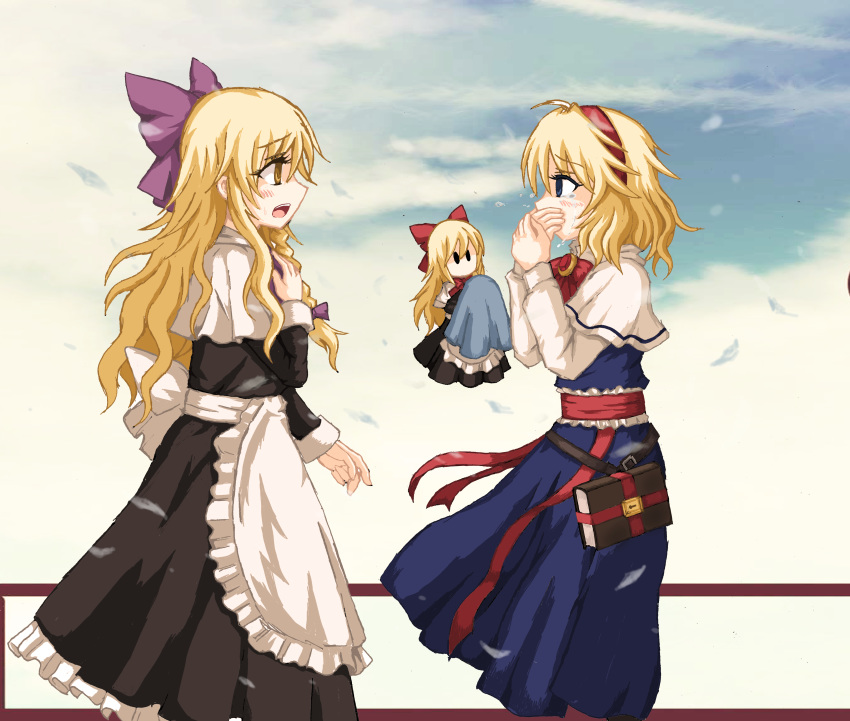 2girls absurdres ahoge alice_margatroid apron black_dress blonde_hair blue_dress blue_eyes blue_sky blush bow bowtie brooch capelet chinese_commentary cloud commentary_request cosplay covering_mouth cowboy_shot crying crying_with_eyes_open dress eye_contact eyebrows_visible_through_hair from_side grimoire_of_alice hair_between_eyes hair_bow hairband hand_on_own_chest hand_over_own_mouth handkerchief highres jewelry kirisame_marisa lili2th long_hair long_sleeves looking_at_another mixed-language_commentary multiple_girls open_mouth profile red_neckwear sash shanghai_doll shanghai_doll_(cosplay) sketch sky sleeve_cuffs solid_oval_eyes standing streaming_tears tears touhou very_long_hair waist_apron white_capelet yellow_eyes yuri