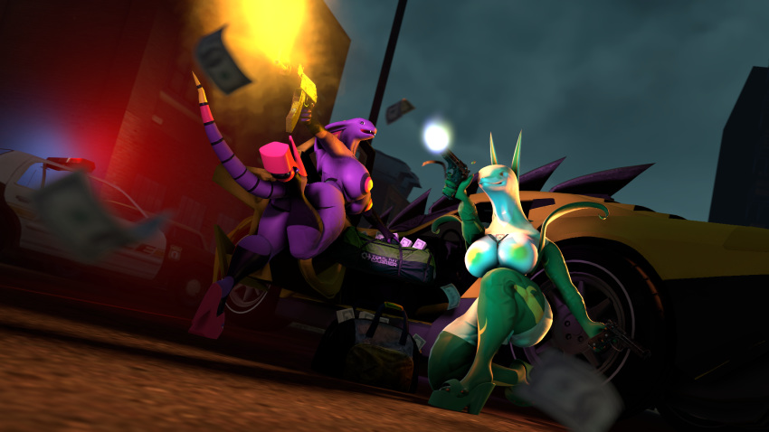 16:9 3d_(artwork) anthro arbok big_breasts breasts car crocwife digital_media_(artwork) female gun hi_res hood money night nintendo nipples nude pok&eacute;mon pok&eacute;mon_(species) police ranged_weapon reptile scalie serperior smile source_filmmaker stealing tongue tongue_out vehicle video_games weapon