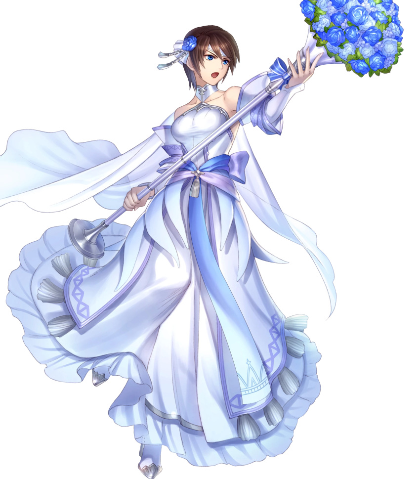 1girl artist_request bangs bare_shoulders blue_eyes breasts brown_hair dress feather_trim fire_emblem fire_emblem:_souen_no_kiseki fire_emblem_heroes flower full_body hair_ornament highres holding medium_breasts official_art shiny shiny_hair short_hair solo tanith transparent_background wedding_dress white_dress