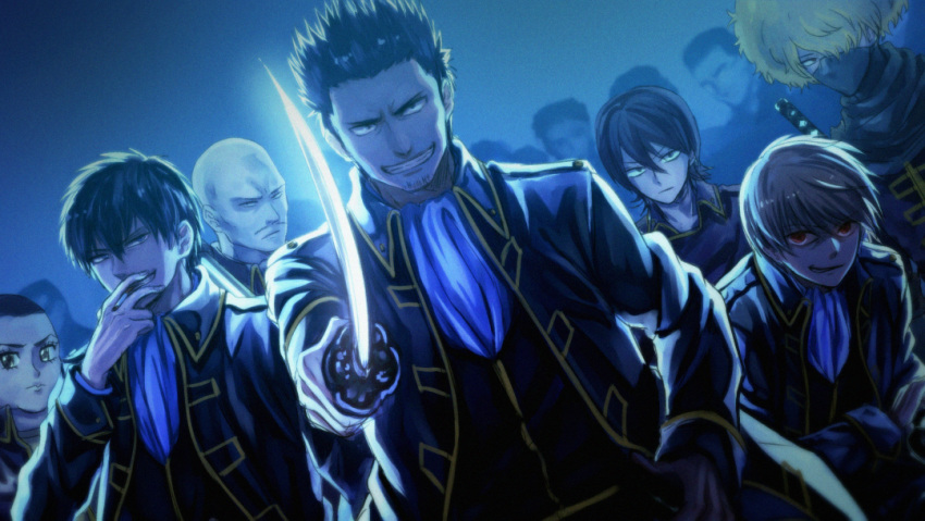 6+boys afro black_jacket blonde_hair blue_background blue_neckwear brown_eyes brown_hair dutch_angle gintama grin hair_between_eyes hijikata_toushirou holding holding_sheath holding_sword holding_weapon jacket katana kondou_isao long_sleeves looking_at_viewer mask multiple_boys okita_sougo open_clothes open_jacket sheath shimaru_saitou shinsengumi_(gintama) smile smoking spiked_hair sword szzz_k tetsunosuke_sasaki unsheathed upper_body weapon yamazaki_sagaru