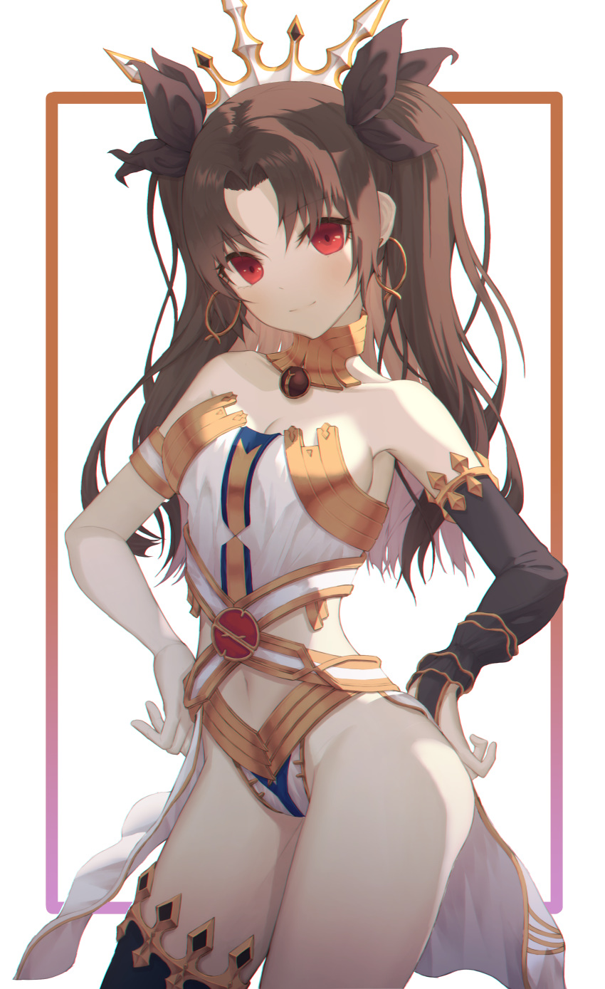 1girl absurdres armlet asymmetrical_legwear bangs bare_shoulders black_gloves black_legwear border breasts brown_hair brown_ribbon chromatic_aberration closed_mouth commentary commentary_request connor cowboy_shot detached_collar earrings elbow_gloves eyebrows_visible_through_hair fate/grand_order fate_(series) gloves groin hair_ribbon hands_on_hips head_tilt highres hoop_earrings ishtar_(fate/grand_order) jewelry long_hair looking_at_viewer medium_breasts navel outside_border parted_bangs pose red_eyes ribbon sideboob single_elbow_glove single_thighhigh smile solo standing thighhighs thighs tiara tsurime two_side_up