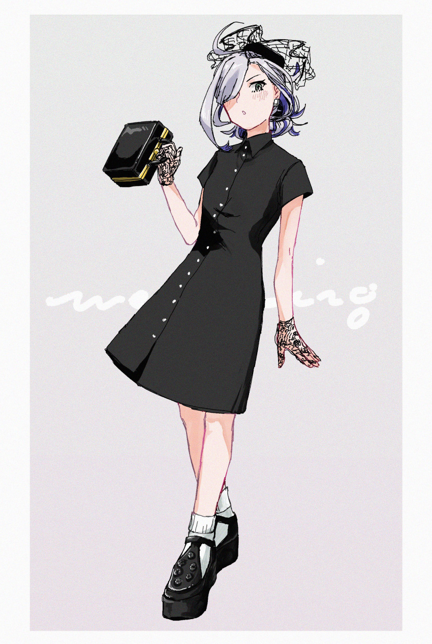 1girl :o absurdres ahoge alternate_costume alternate_hairstyle asashimo_(kantai_collection) bag bangs black_dress blush buttons dress earrings full_body gloves green_eyes grey_background grey_hair hair_over_one_eye highres holding jewelry kantai_collection multicolored_hair open_mouth platform_footwear short_sleeves socks solo standing white_legwear zippo_teifujou