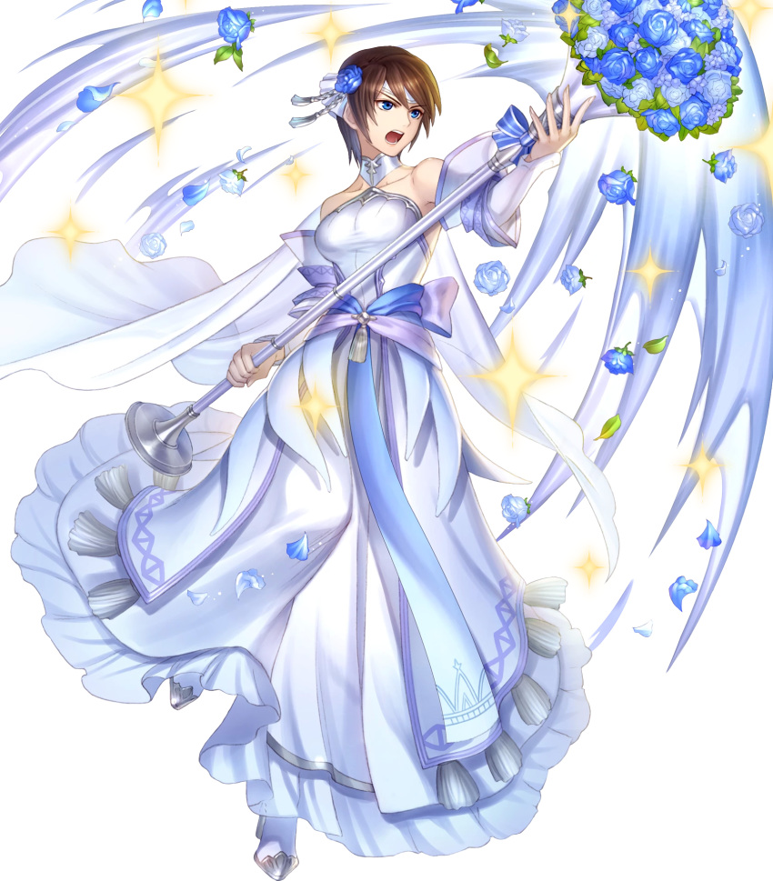1girl artist_request bangs bare_shoulders blue_eyes breasts brown_hair dress feather_trim fire_emblem fire_emblem:_souen_no_kiseki fire_emblem_heroes flower full_body hair_ornament highres holding medium_breasts official_art shiny shiny_hair short_hair solo tanith transparent_background wedding_dress white_dress