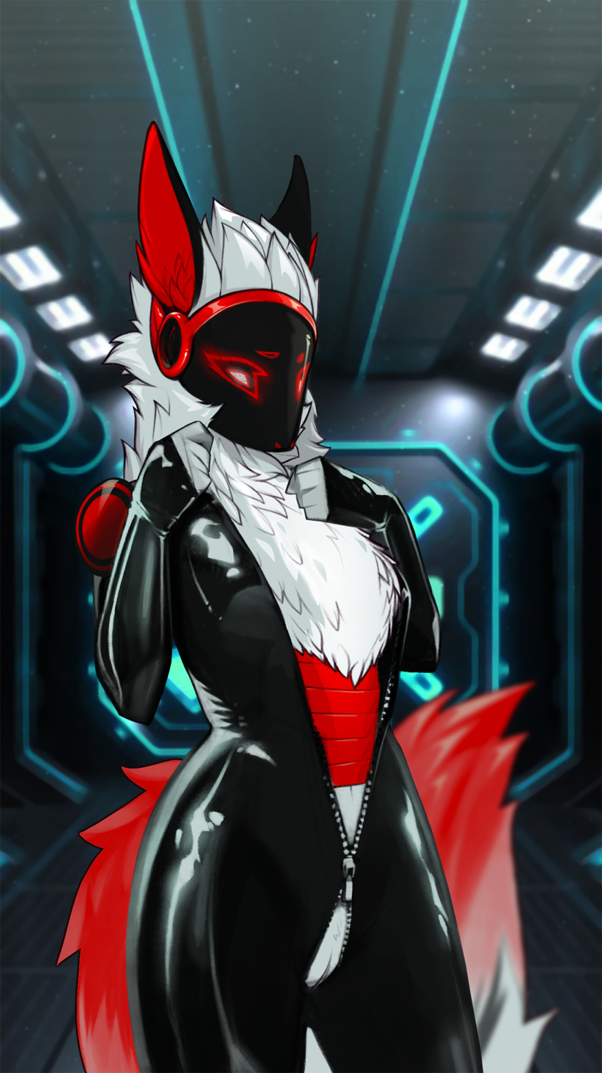 anthro black_fur bodysuit clothing female fluffy fur hi_res kimart_i lights machine noisy_(character) protogen pussy red_fur robot rubber science_fiction skinsuit solo tight_clothing white_fur