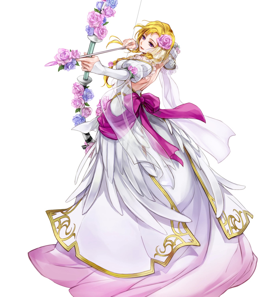 1girl arrow bangs blonde_hair bow_(weapon) braid breasts bride dress feather_trim fire_emblem fire_emblem:_rekka_no_ken fire_emblem_heroes flower full_body hair_ornament highres holding holding_bow_(weapon) holding_weapon long_hair louise medium_breasts official_art open_mouth purple_eyes shiny shiny_hair single_braid smile solo strapless strapless_dress wada_sachiko weapon wedding_dress white_dress