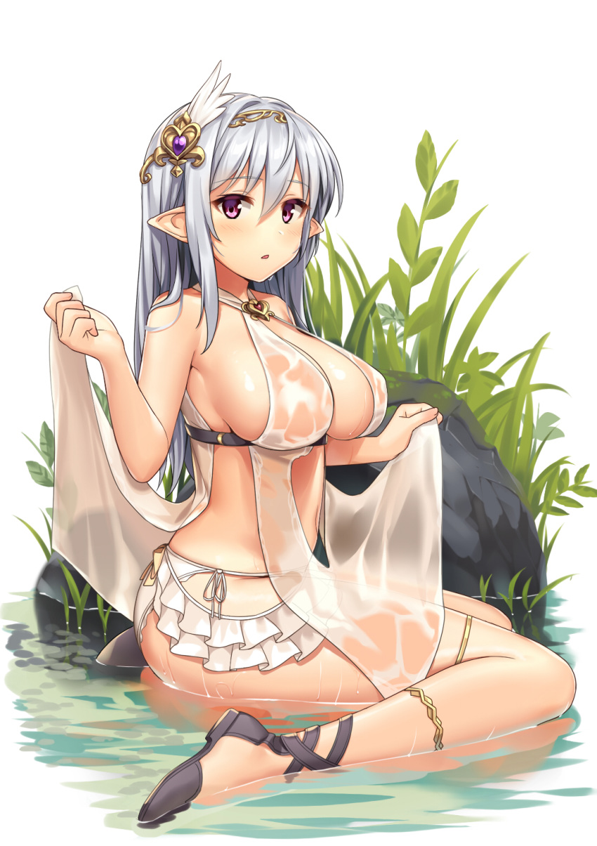 1girl anklet bare_arms bare_shoulders black_footwear blush breasts brooch cleavage elf eyebrows_visible_through_hair frills full_body hair_between_eyes hair_ornament halterneck highres holding jewelry large_breasts microskirt navel original panties parted_lips plant pointy_ears purple_eyes revealing_clothes rock sawada_yuusuke see-through shoes side-tie_panties sidelocks silver_hair sitting skirt solo stomach strap_gap thighlet underbust underwear wariza water wet wet_clothes white_panties white_skirt