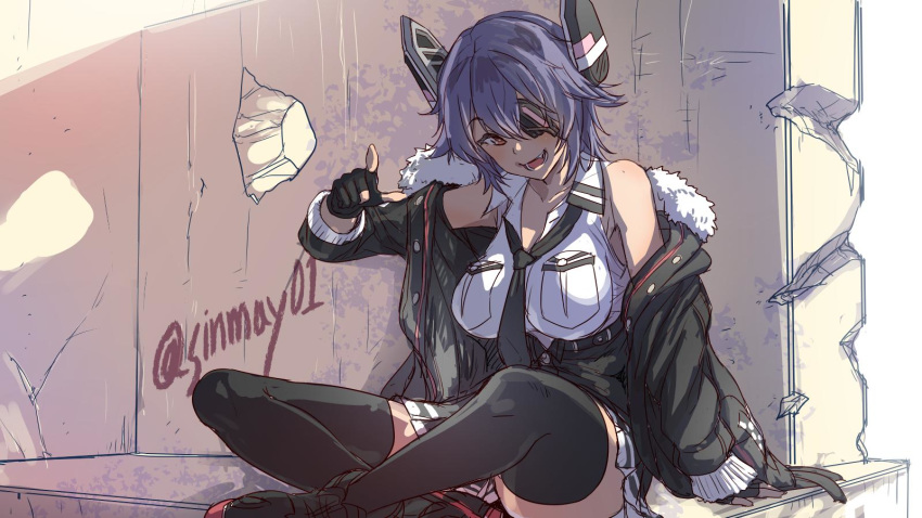 1girl :d black_gloves black_jacket black_legwear black_neckwear breast_pocket breasts collared_shirt crossed_legs eyepatch gloves headgear highres jacket kantai_collection large_breasts looking_at_viewer necktie open_mouth partly_fingerless_gloves pocket pointing pointing_at_viewer purple_hair remodel_(kantai_collection) shinmai_(kyata) shirt short_hair sitting sleeveless sleeveless_shirt smile solo tenryuu_(kantai_collection) thighhighs twitter_username white_shirt yellow_eyes