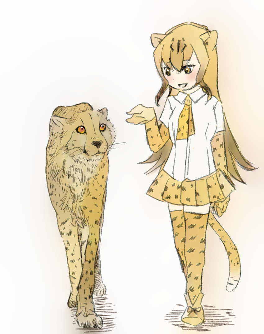 2019 3_toes absolute_territory ambiguous_gender animal_humanoid animal_print armwear biped black_fur black_hair black_highlights black_markings black_nose black_spots black_tail blonde_hair blush bottomwear breasts cheetah cheetah_(kemono_friends) cheetah_humanoid cheetah_print clothed clothing dress_shirt duo elbow_gloves eye_contact eye_markings eye_through_hair eyebrow_through_hair eyebrows facial_markings felid felid_humanoid feline feline_humanoid female feral footwear front_view full-length_portrait fully_clothed fur gloves hair hair_highlights hatching_(art) hi_res humanoid iceeye_ena japanese kemono_friends larger_female larger_humanoid legwear light_skin long_hair long_tail looking_aside looking_at_another looking_down looking_up mammal markings multicolored_fur multicolored_hair multicolored_tail necktie open_mouth open_smile orange_eyes pleated_skirt portrait quadruped shadow shirt shoes simple_background size_difference skirt smaller_ambiguous smaller_feral smile snout socks spots spotted_fur spotted_hair standing tan_skin thigh_highs thigh_socks toes topwear translucent translucent_hair two_tone_fur two_tone_hair walking whiskers white_background white_clothing white_shirt white_tail white_topwear yellow_armwear yellow_bottomwear yellow_clothing yellow_ears yellow_eyes yellow_fur yellow_legwear yellow_sclera yellow_skirt yellow_tail