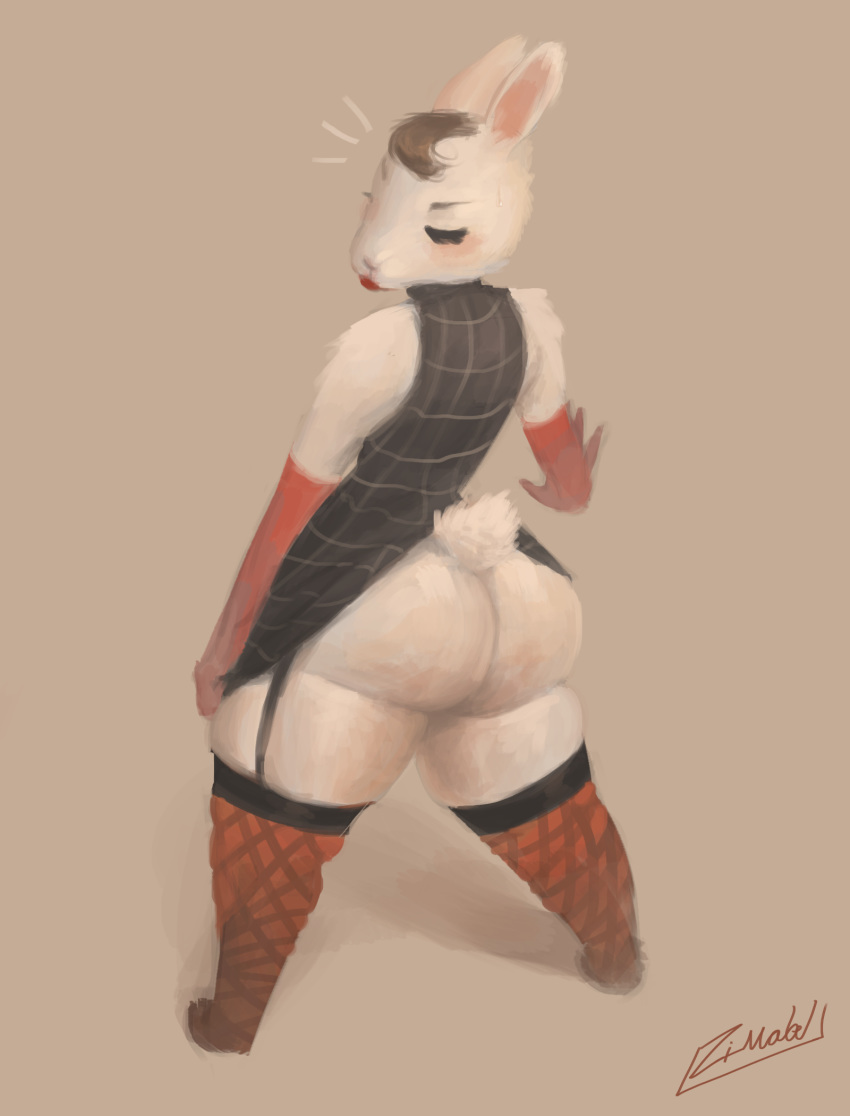 2019 animal_crossing anthro bangs big_butt black_clothing black_dress blush brown_hair butt butt_shot clothed clothing clothing_lift digital_media_(artwork) dress embarrassed eyelashes eyes_closed female fishnet fishnet_legwear fur garter_straps gloves hair hi_res lagomorph legwear leporid lipstick looking_back makeup mammal nintendo pinup pose rabbit rear_view red_gloves red_lipstick short_hair simple_background socks solo solo_focus standing stockings thick_thighs thigh_highs tiffany_(animal_crossing) turtleneck video_games voluptuous wardrobe_malfunction white_fur wide_hips zimabel