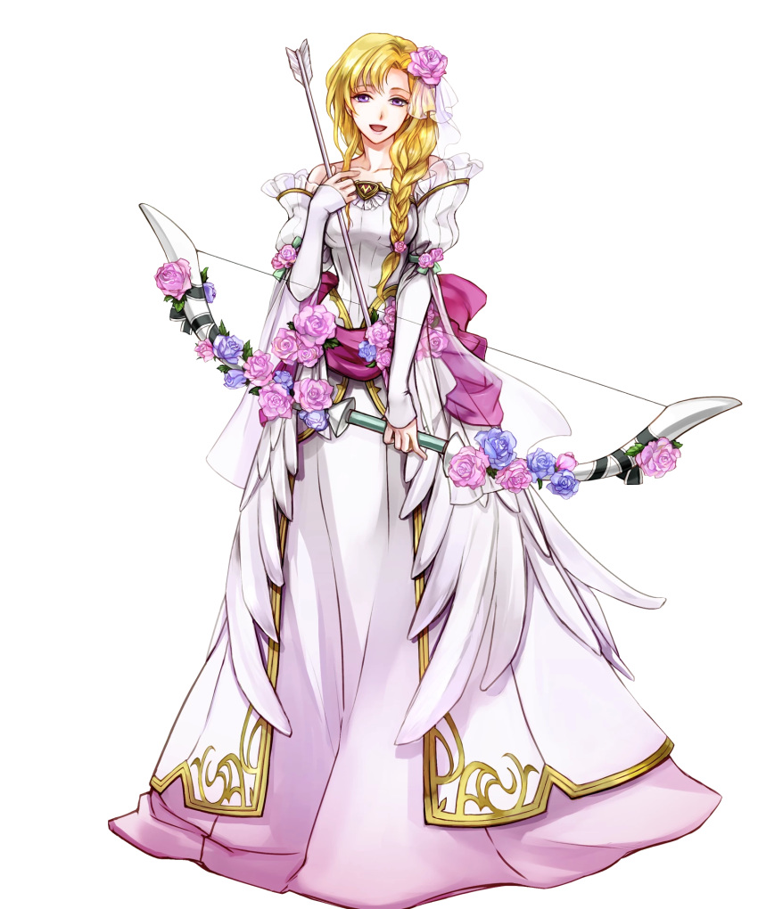 1girl arrow bangs bare_shoulders blonde_hair bow_(weapon) braid breasts collarbone dress feather_trim fire_emblem fire_emblem:_rekka_no_ken fire_emblem_heroes flower full_body hair_flower hair_ornament highres holding holding_bow_(weapon) holding_weapon long_hair looking_at_viewer louise medium_breasts official_art open_mouth purple_eyes shiny shiny_hair single_braid smile solo standing strapless strapless_dress transparent_background wada_sachiko weapon wedding_dress white_dress