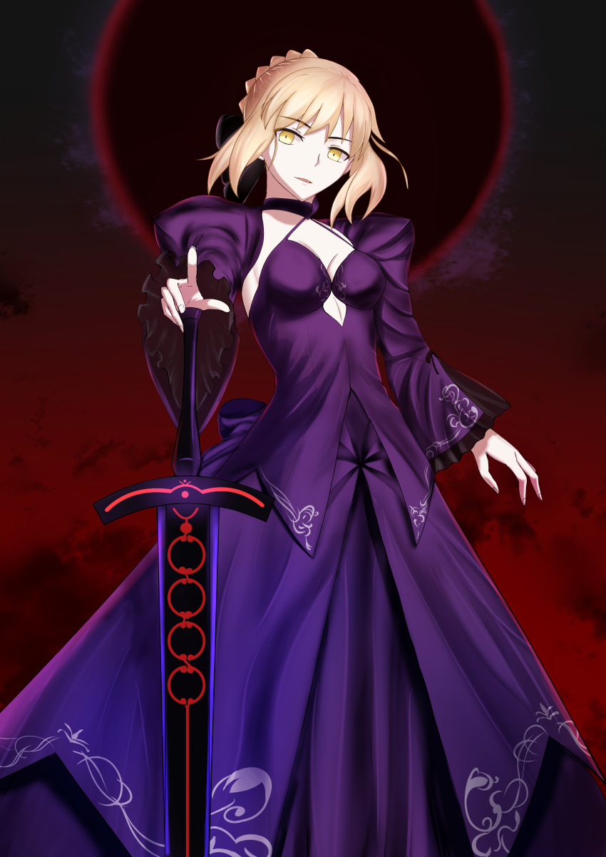 1girl absurdres artoria_pendragon_(all) black_bow blonde_hair bow braided_bun breasts cleavage cutout dark_excalibur eclipse fate/stay_night fate_(series) floating_hair formal frilled_sleeves frills haduki_fa hair_bow halterneck hand_on_hilt highres long_skirt long_sleeves looking_at_viewer medium_breasts parted_lips print_skirt purple_shirt purple_skirt purple_sleeves saber_alter shirt short_hair shrug_(clothing) skirt skirt_suit sleeveless sleeveless_shirt solo standing suit yellow_eyes