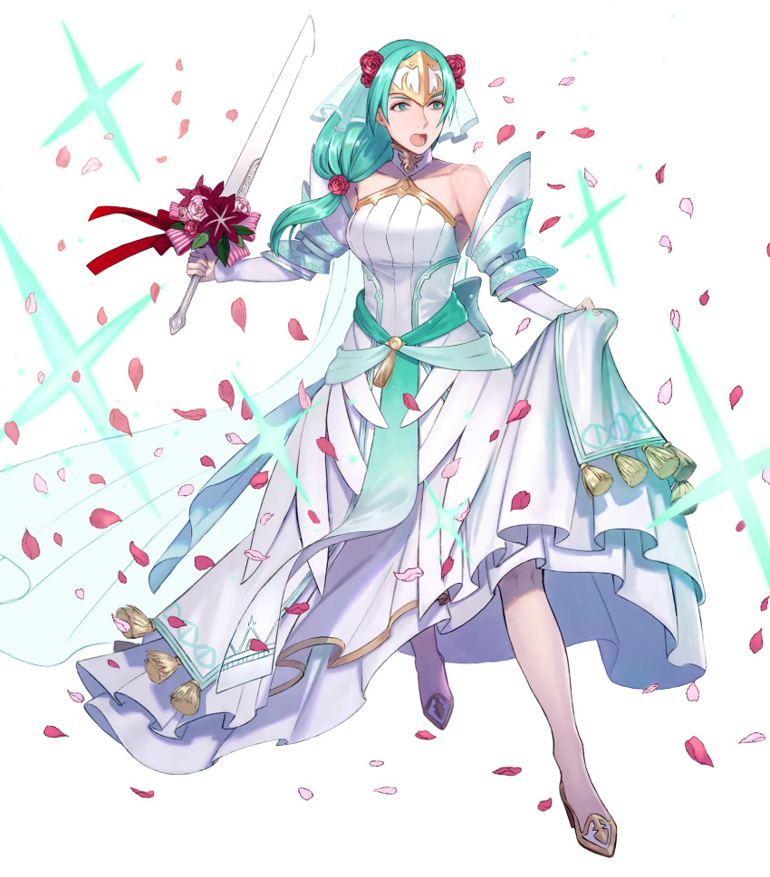 1girl aqua_eyes aqua_hair bare_shoulders dress feather_trim fire_emblem fire_emblem:_souen_no_kiseki fire_emblem_heroes flower full_body hair_ornament headpiece highres holding holding_sword holding_weapon long_hair official_art pikomaro sigrun solo strapless strapless_dress sword weapon wedding_dress white_dress