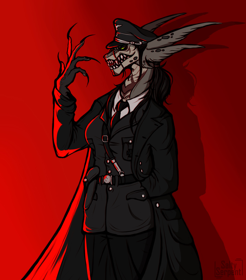 absurd_res anthro claws clothing digital_media_(artwork) female german hair hi_res invalid_color long_hair military nazi open_mouth ponytail saltyserpent sharp_teeth simple_background soldier ss_uniform suit teeth uniform zird