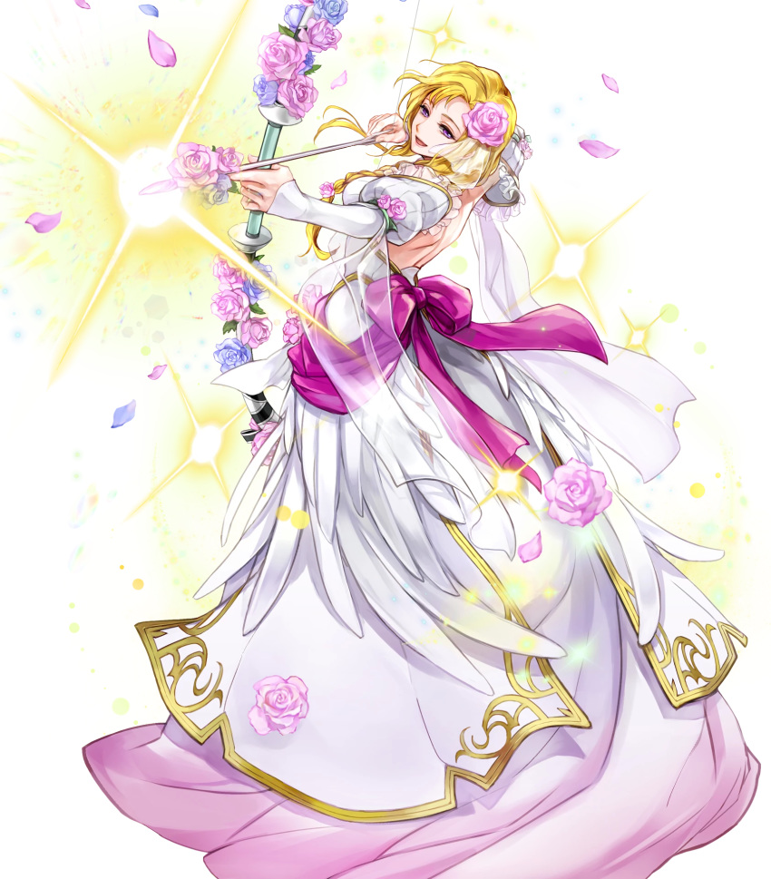 1girl arrow bangs blonde_hair bow_(weapon) braid breasts dress feather_trim fire_emblem fire_emblem:_rekka_no_ken fire_emblem_heroes flower full_body hair_ornament highres holding holding_bow_(weapon) holding_weapon long_hair louise medium_breasts official_art open_mouth petals purple_eyes shiny shiny_hair single_braid smile solo sparkle strapless strapless_dress transparent_background wada_sachiko weapon wedding_dress white_dress