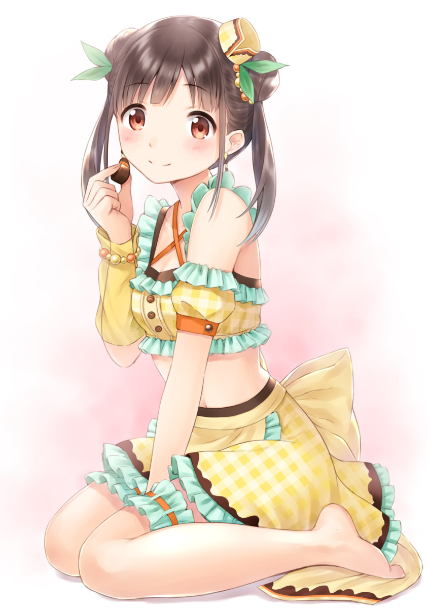 1girl apron bangs barefoot bashosho blush breasts brown_apron brown_eyes brown_hair chocolate closed_mouth collarbone commentary_request criss-cross_halter crop_top detached_sleeves double_bun eyebrows_visible_through_hair food full_body green_ribbon hair_ribbon halterneck highres holding holding_food idolmaster idolmaster_shiny_colors leg_garter long_hair plaid plaid_skirt plaid_sleeves puffy_short_sleeves puffy_sleeves ribbon short_sleeves side_bun sitting skirt small_breasts smile solo sonoda_chiyoko twintails waist_apron wariza yellow_skirt yellow_sleeves