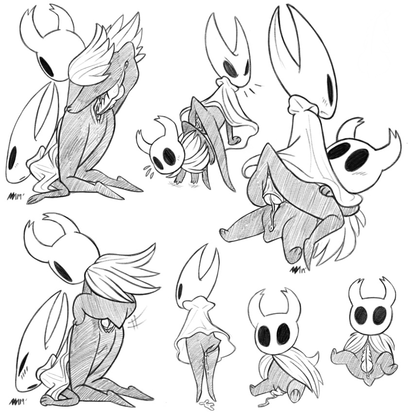 1:1 annie-mae anthro anus arthropod blush cum cum_in_pussy cum_inside female hi_res hollow_knight hollow_night hornet_(hollow_knight) insect knot knotting larger_female male male/female monochrome multiple_poses penis pose protagonist_(hollow_knight) sex size_difference smaller_male unusual_penis vessel_(species)