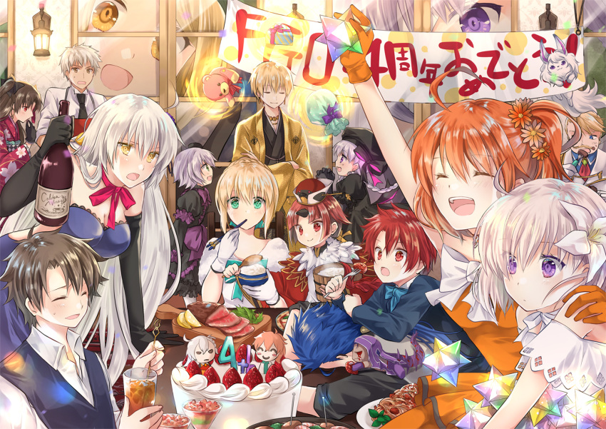 6+boys 6+girls :d ^_^ ahoge alexander_(fate/grand_order) anniversary archer arm_up artoria_pendragon_(all) banner benienma_(fate/grand_order) bird_hat black_dress black_gloves black_hair black_headwear blonde_hair blue_bow blue_dress blue_hair bottle bow bowtie braid braided_bun brown_eyes brown_hair bucket cake chopsticks closed_eyes closed_mouth crossed_arms cu_chulainn_alter_(fate/grand_order) cup cutting_board dark_skin dress drinking_glass eating elbow_gloves everyone facial_tattoo fate/apocrypha fate/extra fate/extra_ccc fate/grand_order fate/stay_night fate_(series) flower food fork formal fou_(fate/grand_order) fruit fujimaru_ritsuka_(female) fujimaru_ritsuka_(male) gate_of_babylon giantess gift_bag gilgamesh gloves goldorf_musik hair_flower hair_ornament hand_on_another's_shoulder hands_clasped haori hat hat_bow holding holding_bottle horn indoors iroha_(shiki) ishtar_(fate/grand_order) jack_the_ripper_(fate/apocrypha) japanese_clothes jeanne_d'arc_(alter)_(fate) jeanne_d'arc_(fate)_(all) kimono kingprotea lancer lantern lily_(flower) long_hair looking_at_viewer mash_kyrielight meat mini_cu-chan miniboy multiple_boys multiple_girls noodles nursery_rhyme_(fate/extra) ohitsu olga_marie_animusphere open_mouth orange_dress orange_gloves own_hands_together party paul_bunyan_(fate/grand_order) plate ponytail popped_collar purple_bow purple_eyes purple_hair red_bow red_eyes red_hair revision rice_spoon romani_archaman saber saint_quartz side_ponytail smile strawberry stuffed_animal stuffed_toy suit tattoo teddy_bear vest waist_bow white_bow white_gloves white_hair window wine_bottle yellow_eyes yukata