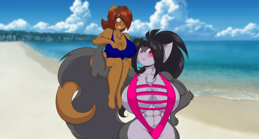 2018 5_fingers abs anthro belly big_breasts bikini biped blush breasts brown_fur clothing couple_(disambiguation) digital_media_(artwork) elexis eyelashes female front_view fur green_eyes grey_fur huge_breasts huge_hips mammal mastergodai mrsamp muscular muscular_female mustela mustelid musteline nintendo pok&eacute;mon shazetta swimwear video_games wide_hips