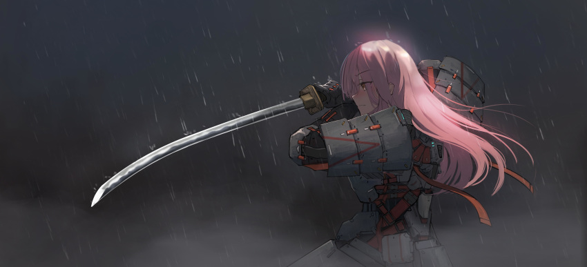 1girl absurdres aegisfate armor commentary english_commentary facing_to_the_side highres holding holding_sword holding_weapon japanese_armor katana long_hair original pink_hair rain science_fiction shoulder_armor sode solo sword weapon