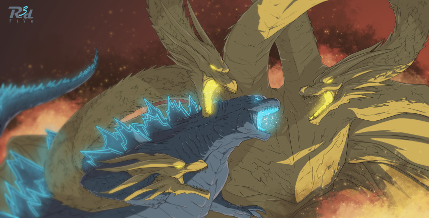 2others absurdres artist_name battle blurry claws depth_of_field embers fangs fire glowing glowing_eyes glowing_mouth godzilla godzilla:_king_of_the_monsters godzilla_(series) highres kaijuu king_ghidorah king_ghidorah_(godzilla:_king_of_the_monsters) long_neck monster multiple_heads multiple_others open_mouth r3dfive spikes spines tail upper_body wings