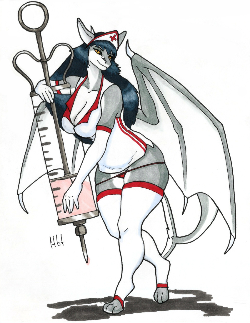 2019 anthro armwear bare_shoulders big_breasts breasts clothed clothing curvaceous dragon elbow_gloves eyebrows eyelashes female fish gloves haibet hair headgear headwear hi_res hybrid invalid_tag legwear long_hair looking_at_viewer marine nurse nurse_uniform pants shark simple_background smile solo standing stockings syringe thick_hips thick_thighs traditional_media_(artwork) triss uniform voluptuous wide_hips wings