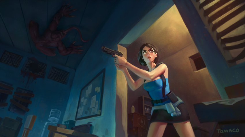 1girl absurdres artist_name blood breasts brown_eyes brown_hair cleavage clothes_around_waist commentary crawling doorway english_commentary fangs gun handgun highres huge_filesize jill_valentine licker_(resident_evil) long_tongue looking_to_the_side monster resident_evil resident_evil_3 serious shelf short_hair standing strapless suspenders tomaco_sunderland tongue tubetop ventilation_shaft weapon