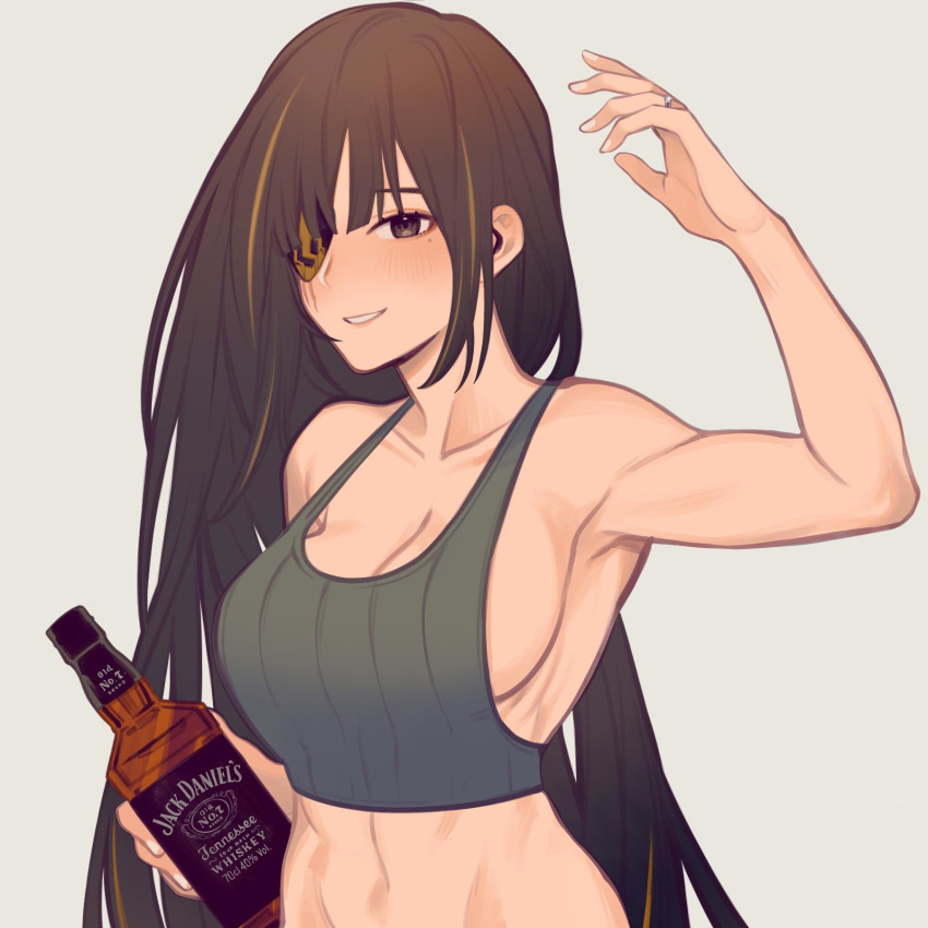 1girl armpits bangs bare_shoulders blue_background blush bottle breasts brown_eyes brown_hair cleavage collarbone eules eyebrows_visible_through_hair eyepatch girls_frontline grin hair_between_eyes highres holding holding_bottle jack_daniel's jewelry long_hair looking_at_viewer m16a1_(girls_frontline) midriff mole mole_under_eye ring scar scar_across_eye simple_background smile solo standing tank_top very_long_hair wedding_band