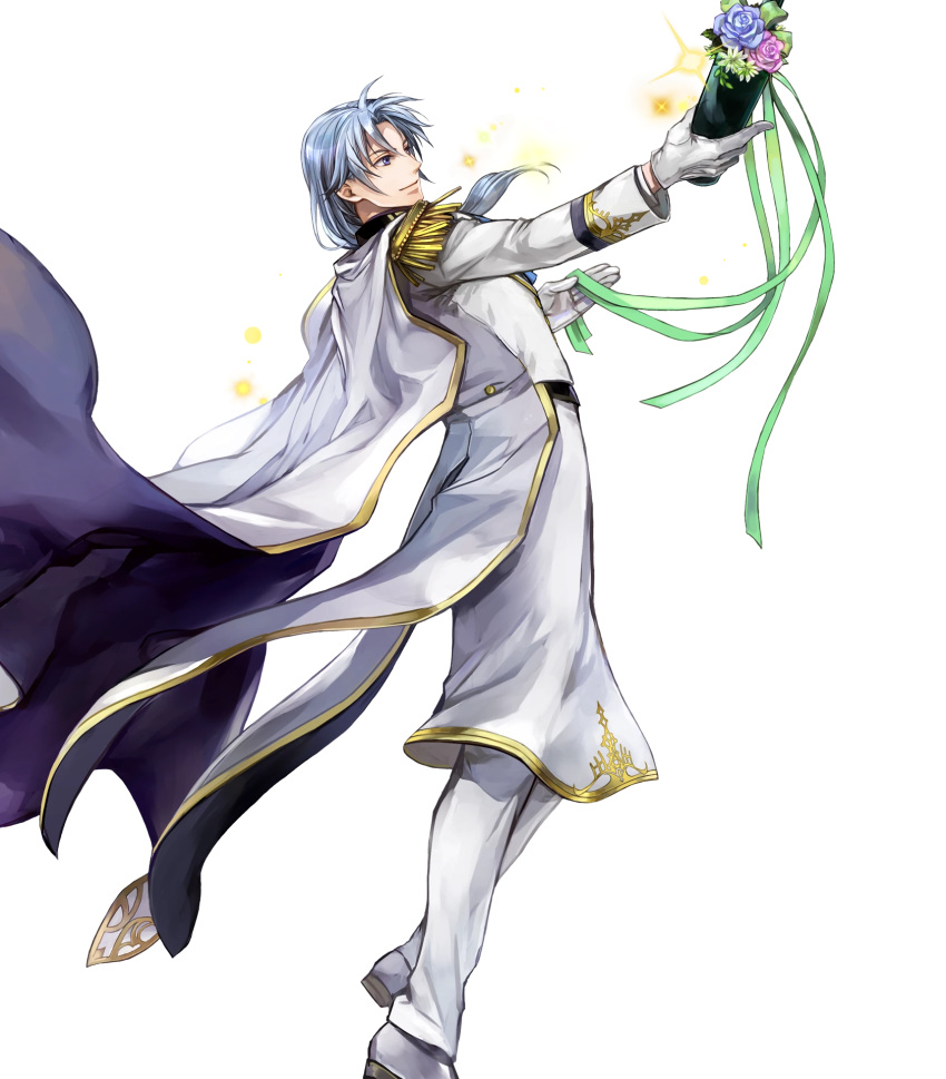 1boy alternate_costume bottle bow cape epaulettes fire_emblem fire_emblem:_rekka_no_ken fire_emblem_heroes flower full_body gloves grey_hair highres long_hair low_ponytail male_focus official_art pent purple_eyes rose sparkle transparent_background wada_sachiko