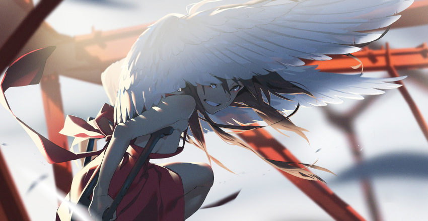 1girl absurdres angel_wings bangs bare_shoulders blush breasts brown_hair crutch day dress eyeshadow feathered_wings floating_hair grin highres huge_filesize long_hair looking_at_viewer makeup original outdoors red_dress sidelocks small_breasts smile solo torii white_wings wind wings yoneyama_mai