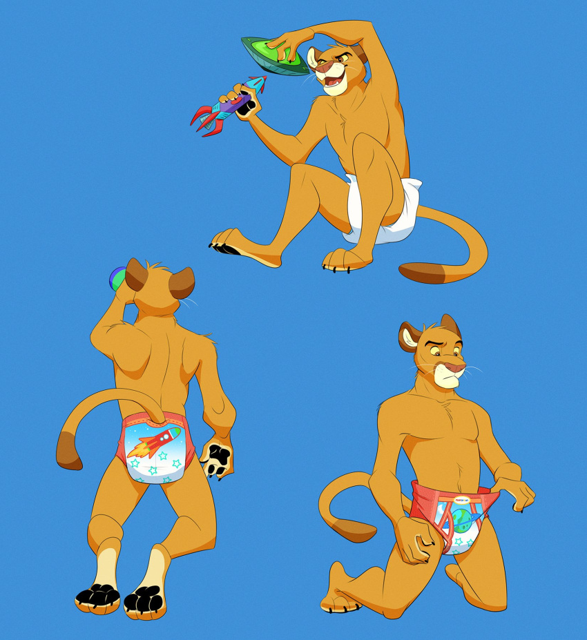 anthro clothed clothing colt3n cougar diaper diaper_pull felid feline furgonomics hi_res jack_(colt3n) kneeling male mammal playing pull-ups(diaper) simple_background sitting solo spacecraft topless toy ufo vehicle