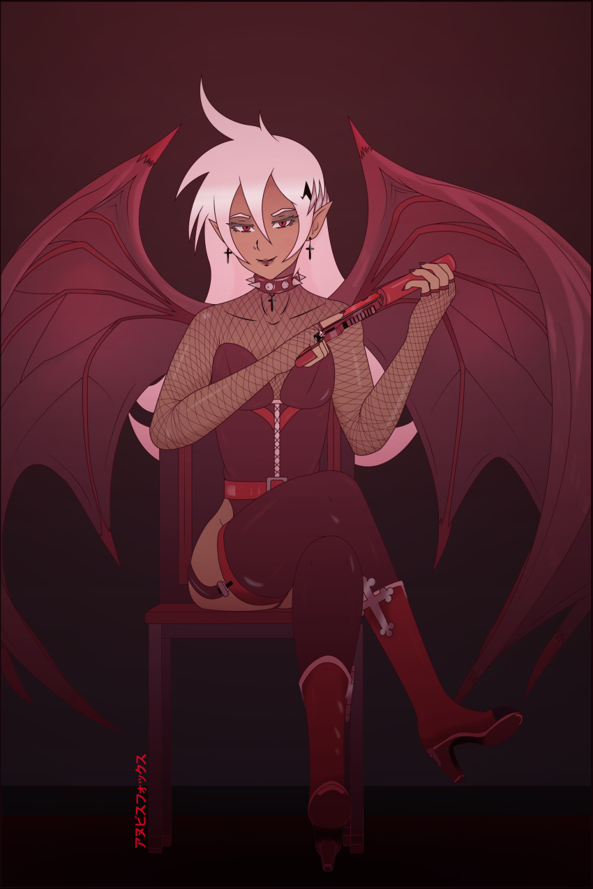 absurd_res bat_wings belt boots chair clothed clothing collar colored_nails crin_acistini dark_liptick dark_skin digital_media_(artwork) fangs female fishnet fishnet_topwear footwear garter_belt garter_straps gun hair handgun hi_res holding_object holding_weapon humanoid legwear lingerie looking_at_viewer mammal membranous_wings nails naitokitsune piercing pink_hair pointy_ears ranged_weapon simple_background sitting smile solo spandex spiked_collar spikes thick_thighs thigh_highs tight_clothing topwear vampire weapon wings
