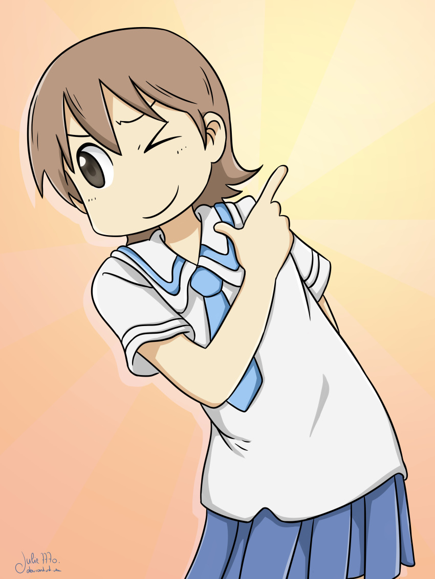 &gt;_o 1girl absurdres aioi_yuuko artist_name brown_eyes brown_hair closed_mouth cowboy_shot hand_on_back highres julie7770 looking_to_the_side nichijou one_eye_closed pointing school_uniform short_hair signature smile solo