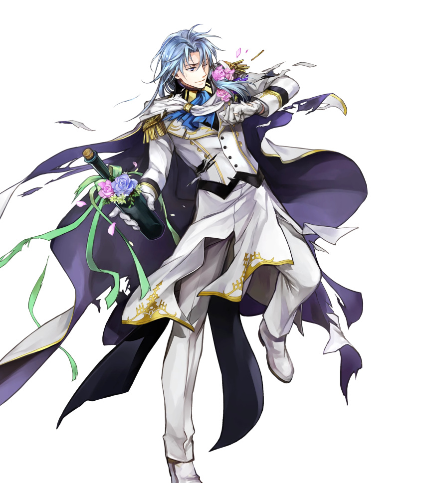 1boy alternate_costume bottle bow cape epaulettes fire_emblem fire_emblem:_rekka_no_ken fire_emblem_heroes flower full_body gloves grey_hair highres long_hair low_ponytail male_focus official_art one_eye_closed pent purple_eyes rose torn_clothes transparent_background wada_sachiko