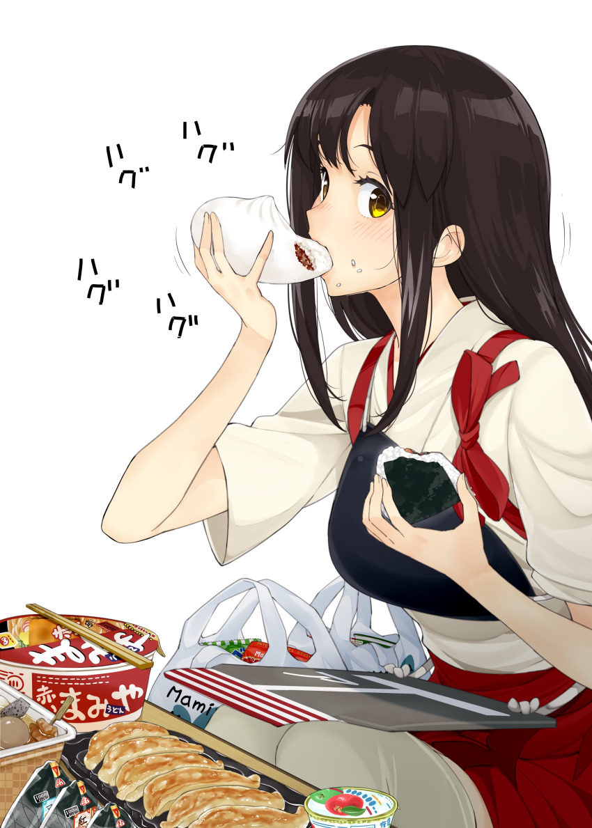 1girl absurdres akagi_(kantai_collection) amami_amayu apron bag baozi brown_eyes cowboy_shot cup_ramen dumpling eating food highres japanese_clothes jiaozi kantai_collection long_hair looking_at_viewer muneate onigiri plastic_bag simple_background sitting solo straight_hair tasuki thighhighs white_background white_legwear