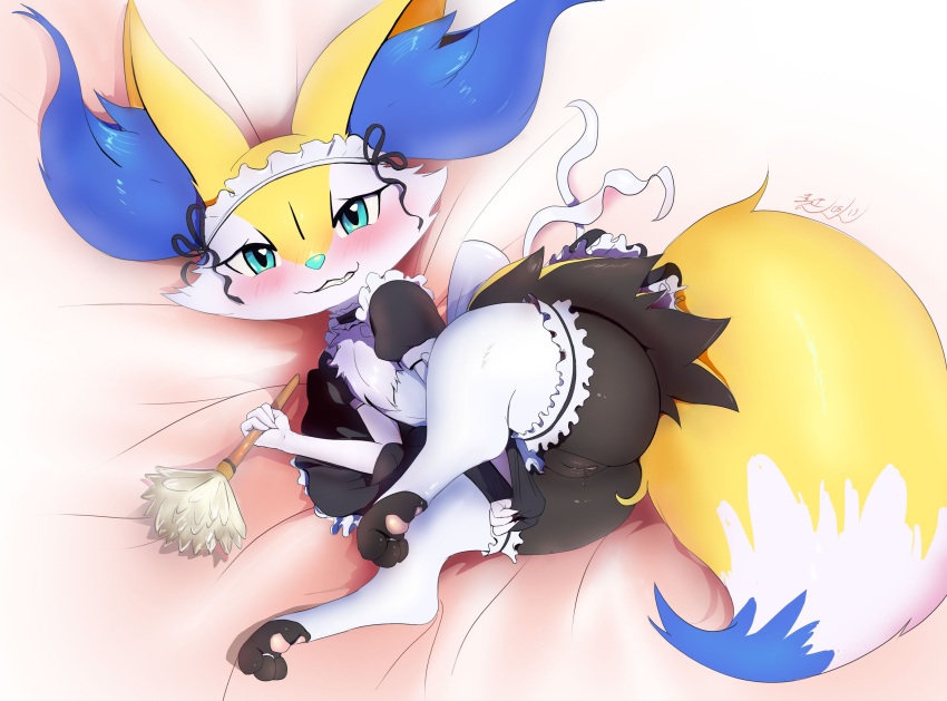 absurd_res alternate_color bed bedding black_fur blue_eyes blue_fur blue_nose blush braixen butt clothing dipstick_tail dress edit eryz female fur hi_res legwear looking_at_viewer maid_uniform mammal multicolored_tail nintendo pawpads pink_pawpads pok&eacute;mon pok&eacute;mon_(species) pussy pussy_juice ring solo stockings teeth uniform vaginal video_games wet yellow_fur