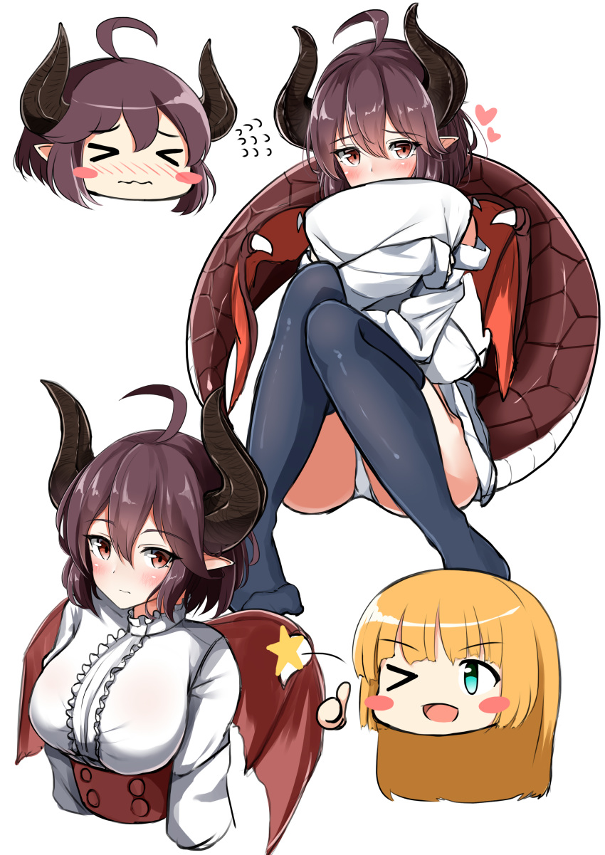 &gt;_&lt; &gt;_o 2girls absurdres ahoge anne_(shingeki_no_bahamut) ass bangs black_legwear blonde_hair blush blush_stickers breasts brown_eyes brown_hair brown_wings center_frills chibi closed_eyes closed_mouth commentary_request covered_mouth cropped_torso dragon_girl dragon_horns dragon_tail dragon_wings eyebrows_visible_through_hair frills grea_(shingeki_no_bahamut) green_eyes hair_between_eyes heart highres horns long_sleeves looking_at_viewer manaria_friends medium_breasts moyoron multiple_girls no_shoes off_shoulder one_eye_closed panties pillow pillow_hug pointy_ears shingeki_no_bahamut shirt simple_background sitting sleeves_past_wrists star tail thighhighs thumbs_up underwear upper_body wavy_mouth white_background white_panties white_shirt wings