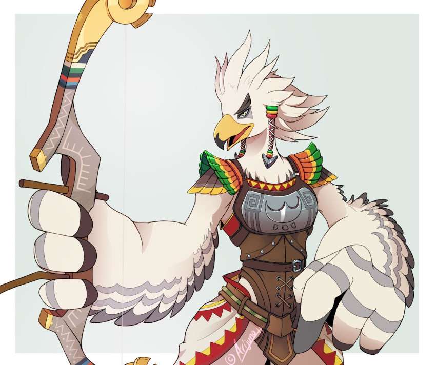 2019 anthro arijuno armor avian bow_(weapon) breath_of_the_wild clothed clothing feathers half-length_portrait hi_res holding_object holding_weapon looking_at_viewer male nintendo portrait ranged_weapon rito simple_background smile solo standing teba_(tloz) the_legend_of_zelda video_games weapon white_feathers