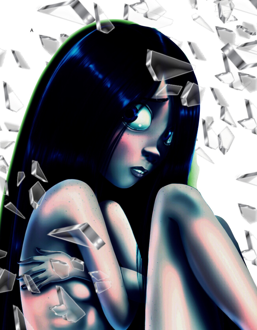 1girl black_hair broken_glass cute glass highres hot legs nervous nude sexy shattered_glass shy thighs violet_parr