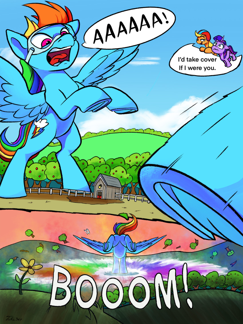 2019 absurd_res applejack_(mlp) comic dialogue earth_pony equid equine eyewear friendship_is_magic goggles hi_res horn horse macro mammal my_little_pony open_mouth pony rainbow_dash_(mlp) size_difference tsitra360 twilight_sparkle_(mlp) unicorn